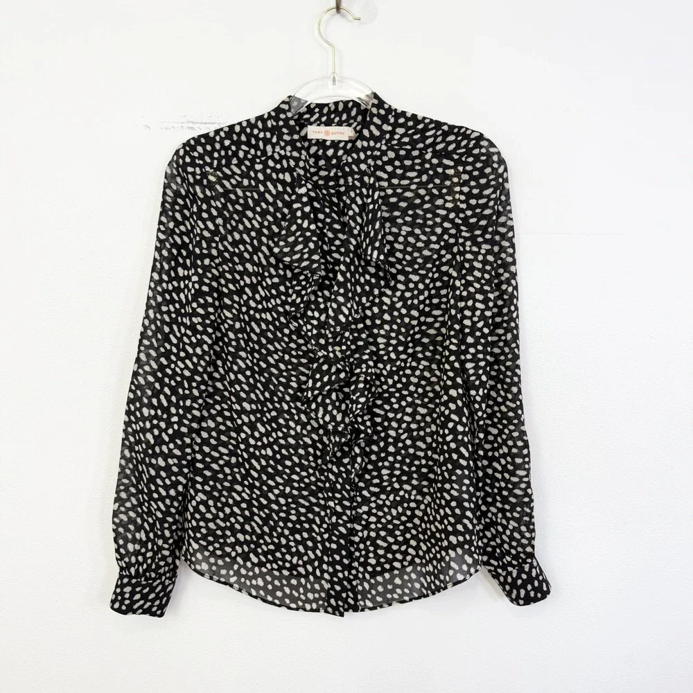 Tory Burch Silk Ruffle Front Blouse Black White Print Size 2